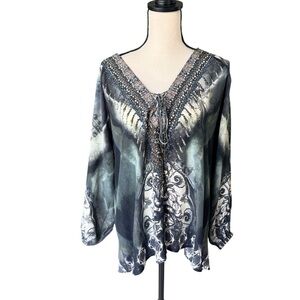 Camilla Gray and Blue Silk Beaded Blouse